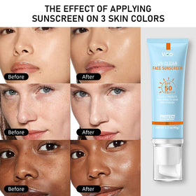 Close-up of VGO clear sunscreen essence texture showing lightweight hydration