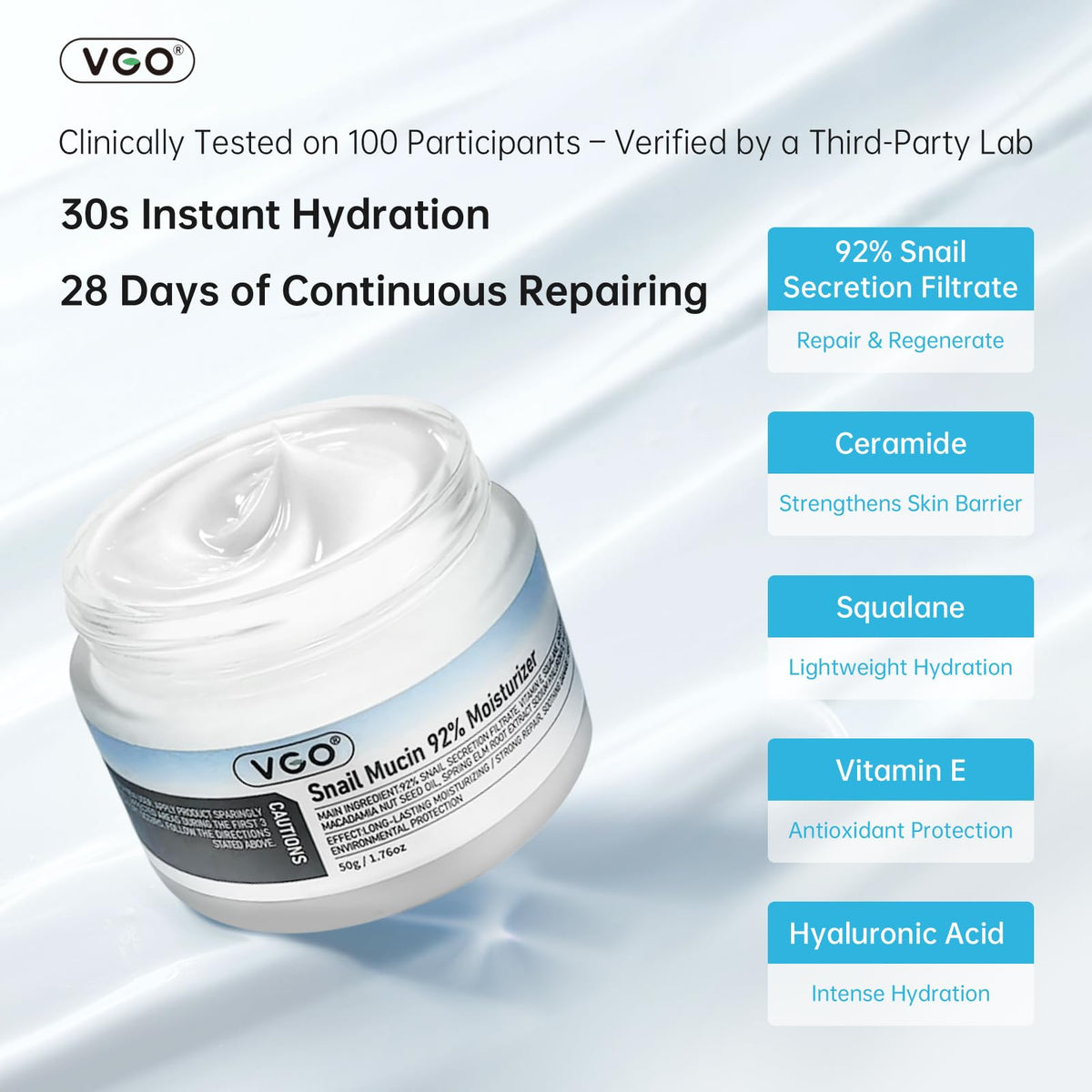 VGO gel texture close-up revealing smooth snail mucin consistency for fast absorption
