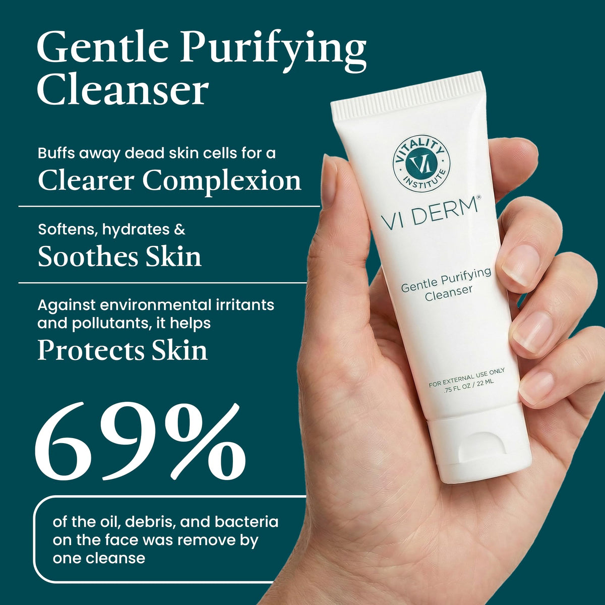 VI DERM close-up pump dispensing gentle foam texture that cleans without drying
