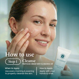 VI DERM foam on fingertip demonstrating light lather and hydrating cleansing action