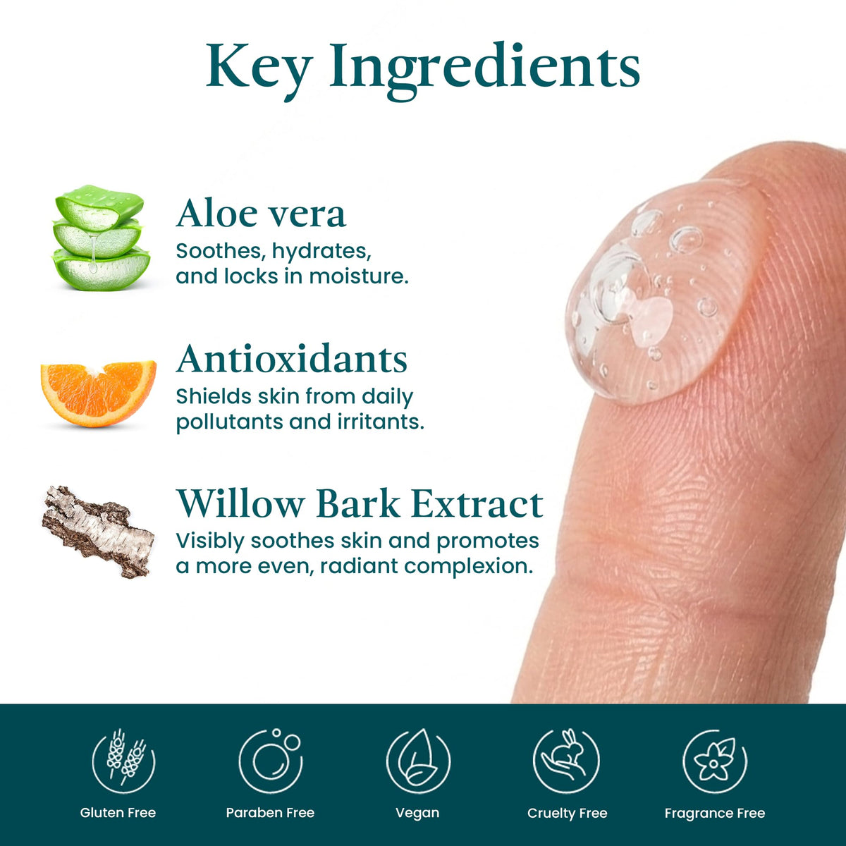 VI DERM ingredient label highlighting aloe vera, willow bark, antioxidants benefits