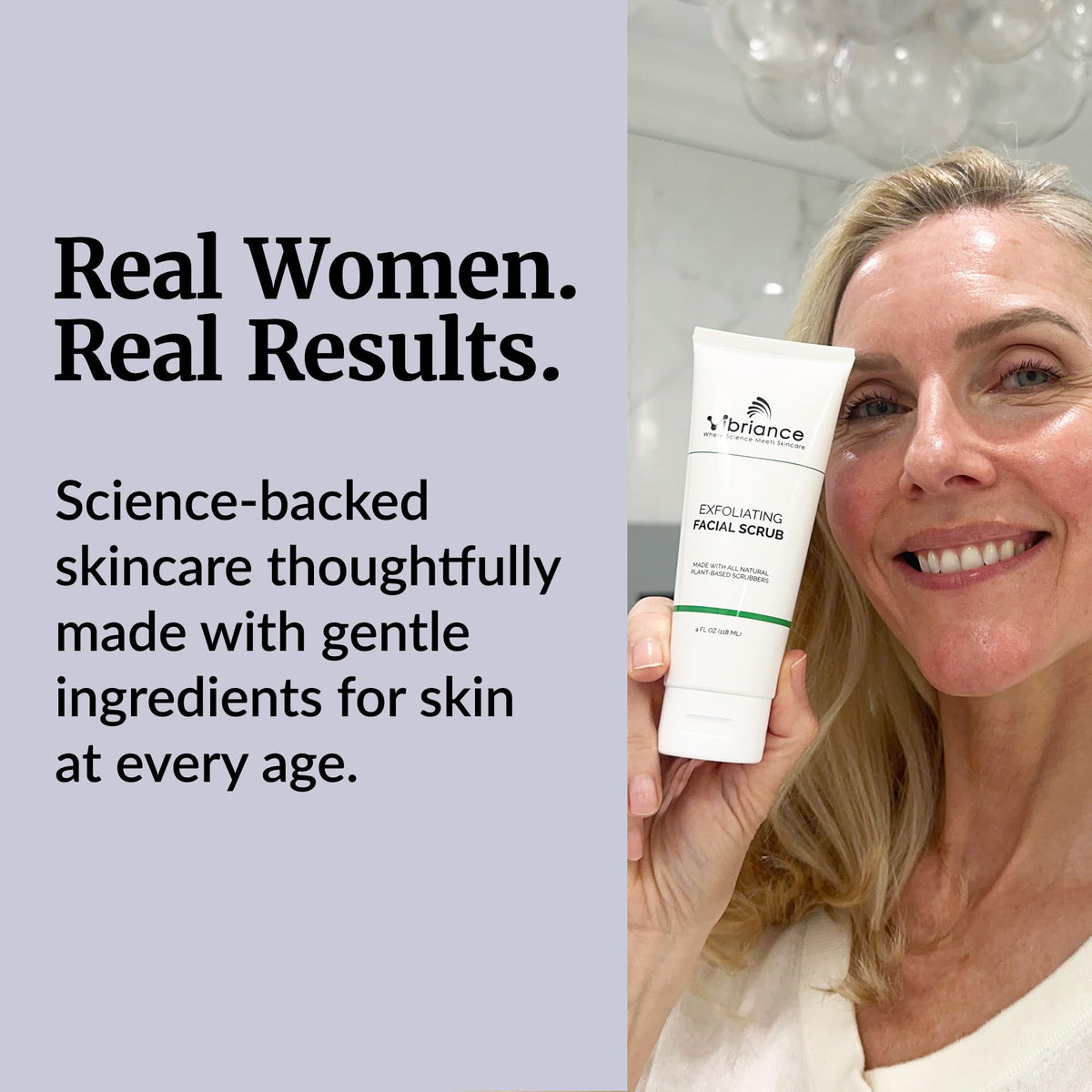 Vibriance bathroom lifestyle setting displaying product use and hydrated skin results