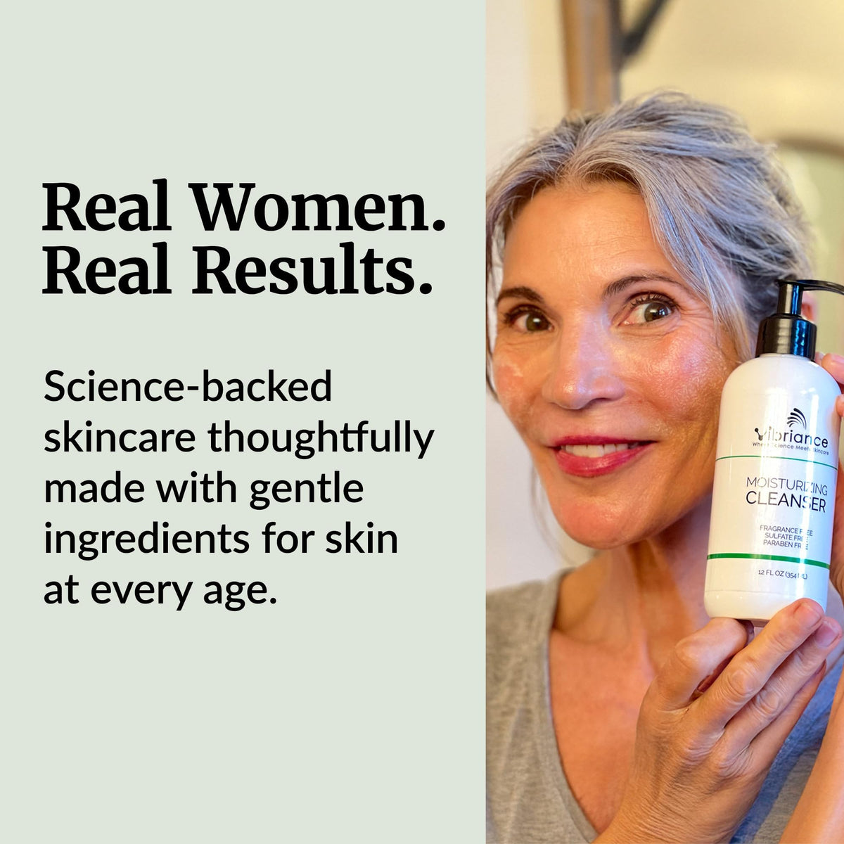 Vibriance bathroom lifestyle placement showing ritual-ready cleanser and hydrated skin result