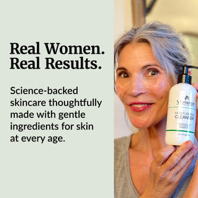 Vibriance bathroom lifestyle placement showing ritual-ready cleanser and hydrated skin result