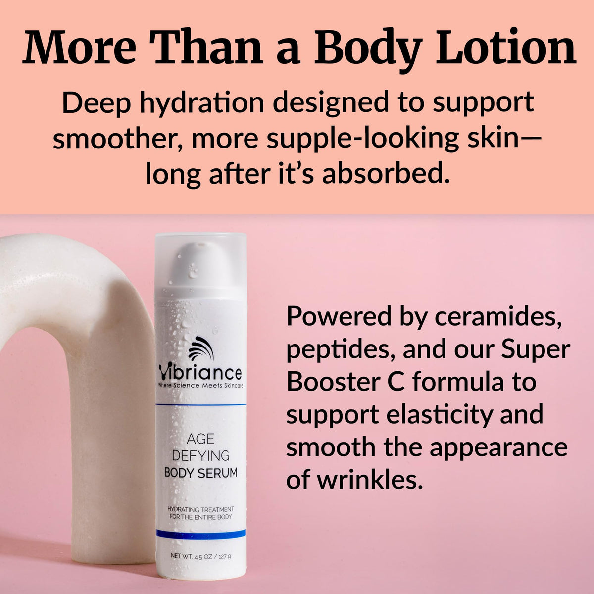 Vibriance next to a hand for scale showing compact 4.5 fl oz travel-friendly benefit