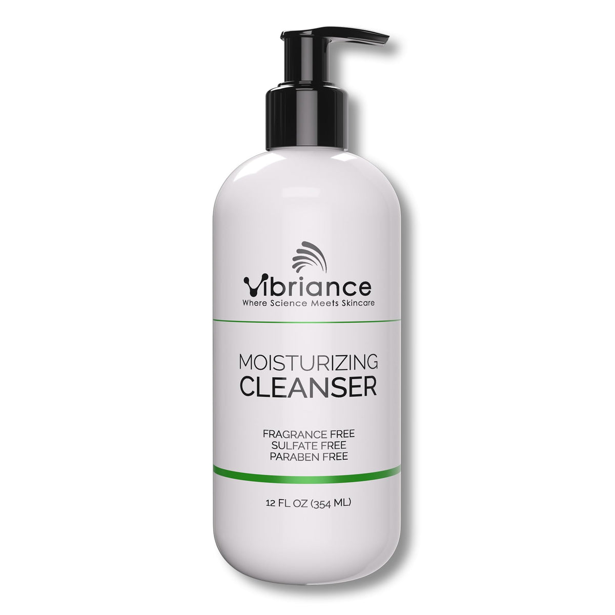 Vibriance front packaging showing cleanser bottle and 12 fl oz size for clear purchase choice