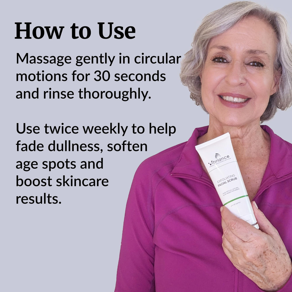 Vibriance scrub in hand demonstrating gentle application for cleansing and unclogging pores