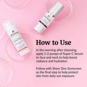 Vibriance Sheer Zinc sunscreen pump bottle showing clear SPF 50 protection