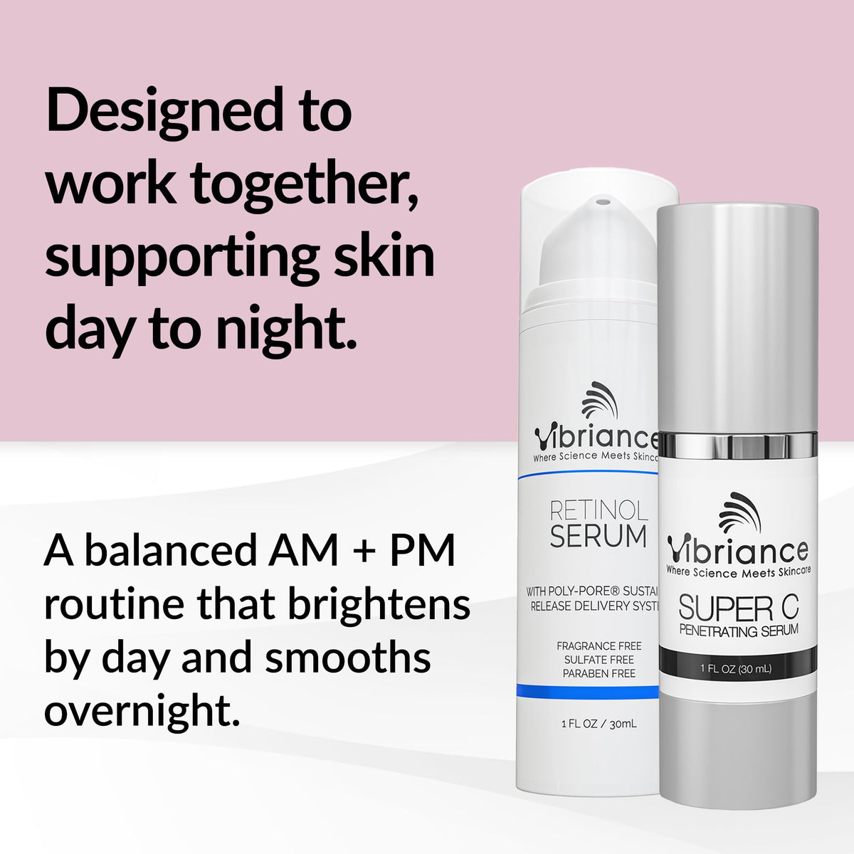 Vibriance Super C serum pump with serum texture demonstrating lightweight hydration