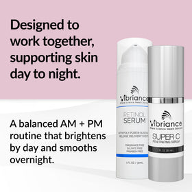 Vibriance Super C serum pump with serum texture demonstrating lightweight hydration