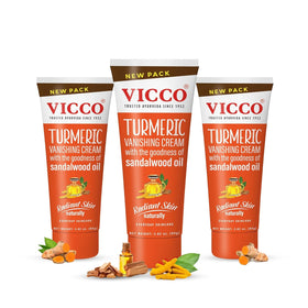 Vicco turmeric vanishing cream front view showing three tubes and clear packaging benefit portability