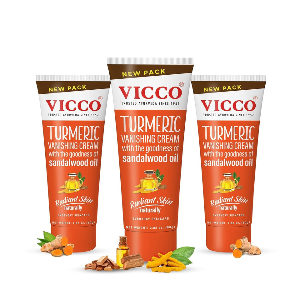 Vicco turmeric vanishing cream front view showing three tubes and clear packaging benefit portability
