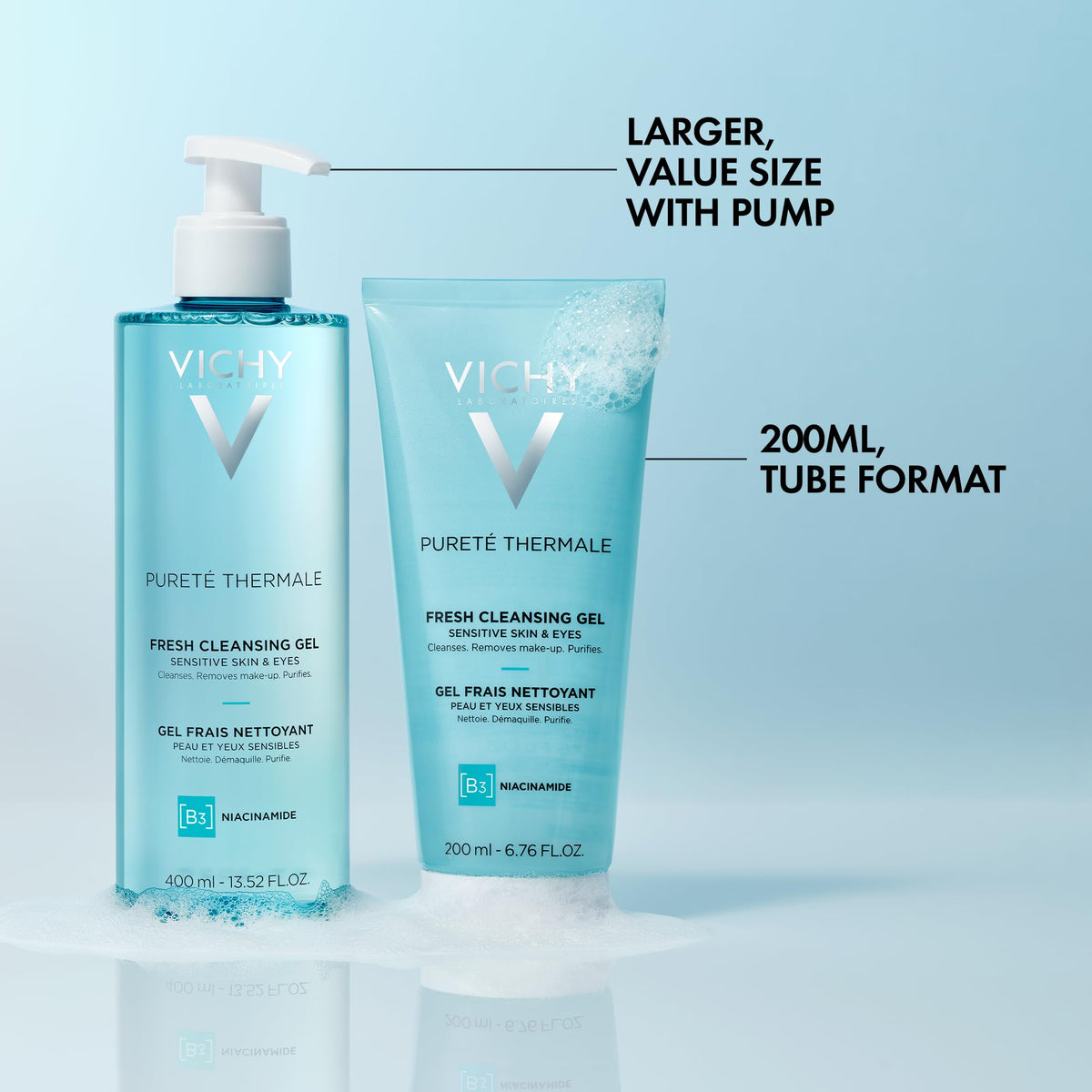 VICHY bottle label close-up showing key ingredients and skin-support benefit