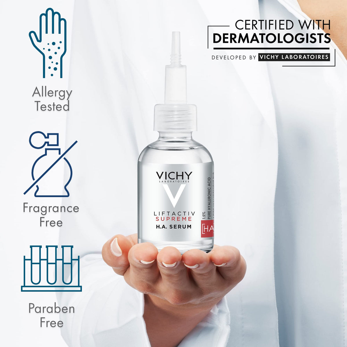 Vichy bottle held in hand for scale showing travel-friendly size benefit