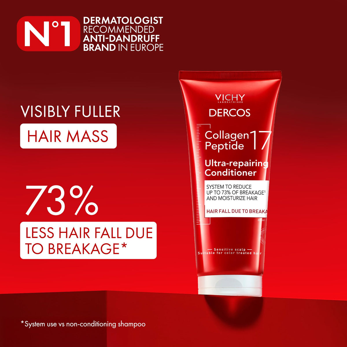 VICHY Dercos conditioner texture close-up demonstrating creamy conditioning and smoothing