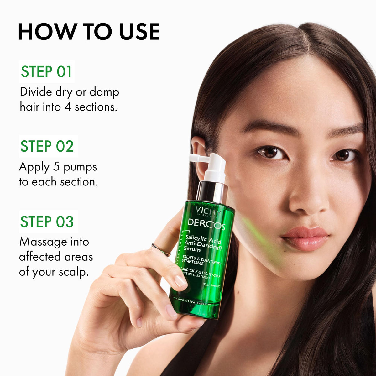 VICHY Dercos serum applied to scalp demonstrating targeted flake and itch relief
