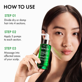 VICHY Dercos serum applied to scalp demonstrating targeted flake and itch relief