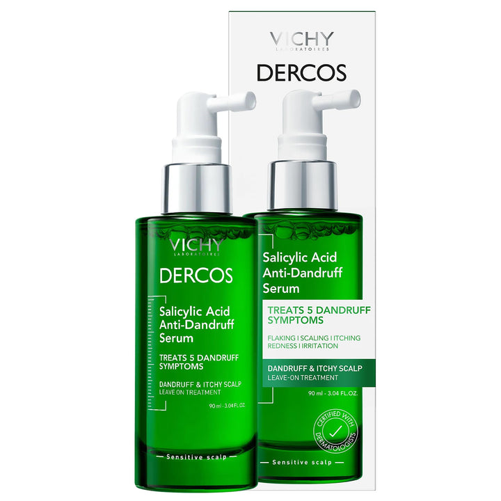 VICHY Dercos front packaging showing bottle and label, clear product information benefit