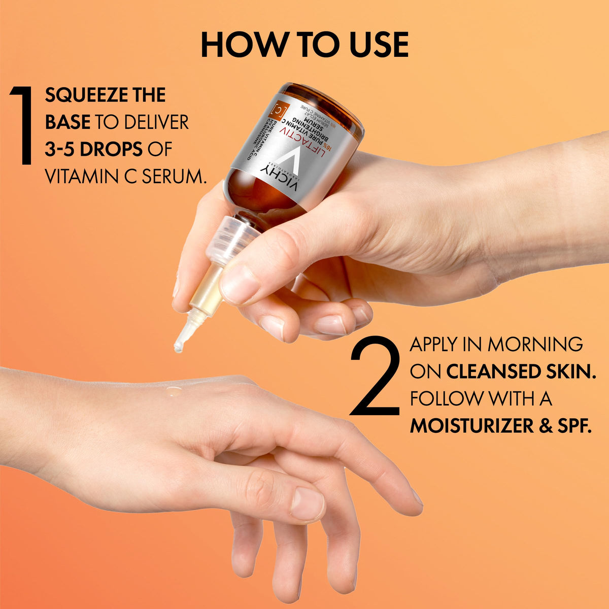 VICHY applying serum to cheek, shows hydrating glow and quick absorption