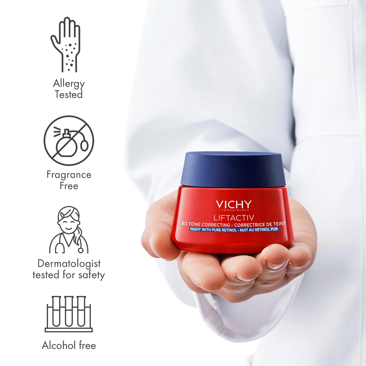 VICHY ingredients display with niacinamide and retinol, targeted brightening