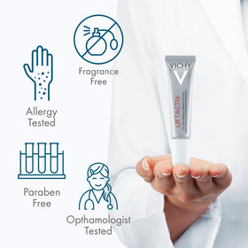 VICHY product next to fingers for size comparison shows compact travel-friendly benefit