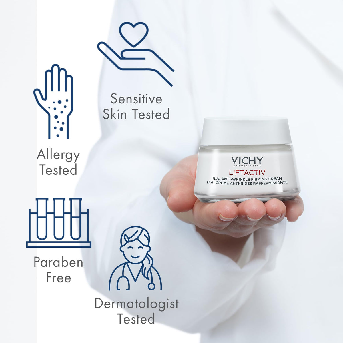 Vichy LiftActiv Supreme applied to hand to show texture and quick hydration