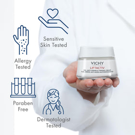 Vichy LiftActiv Supreme applied to hand to show texture and quick hydration