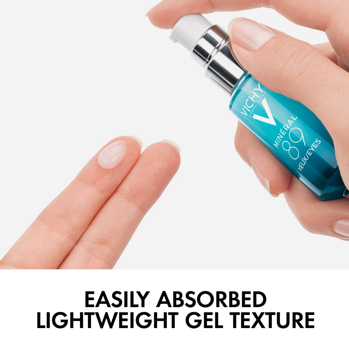 VICHY showing application of Mineral 89 Eye Serum on hand to illustrate absorbency