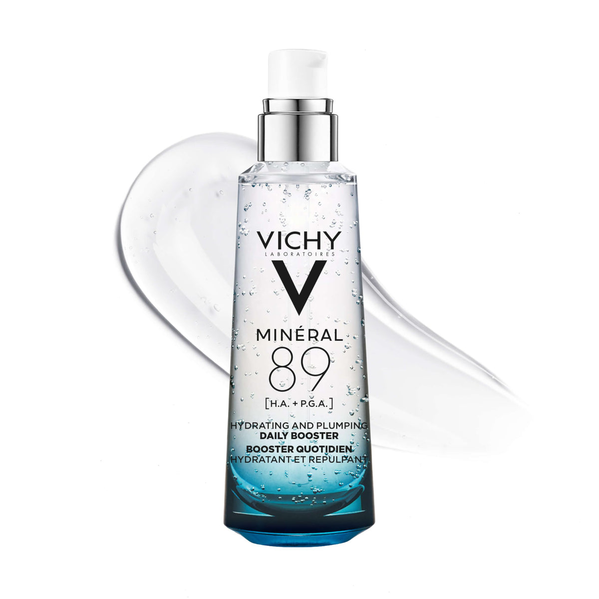 VICHY Minéral 89 front bottle showing label and clear gel inside for hydration