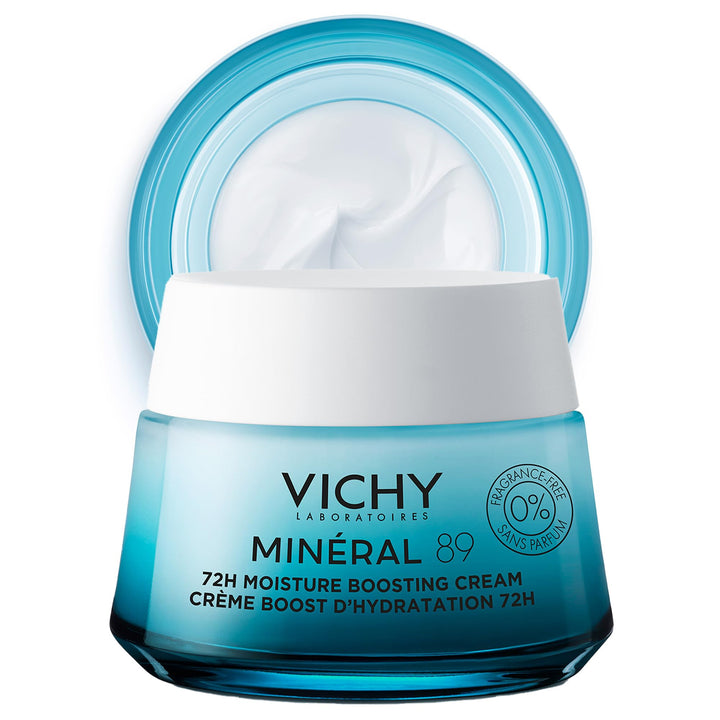 VICHY Minéral 89 front jar showing clean packaging and clinical design for trusted hydration