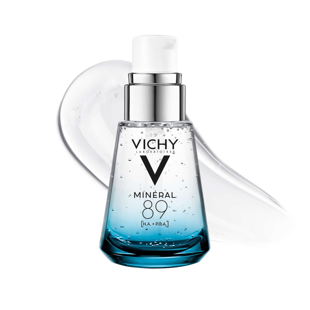 Vichy Minéral 89 front bottle view showing clear hydrating gel and branding