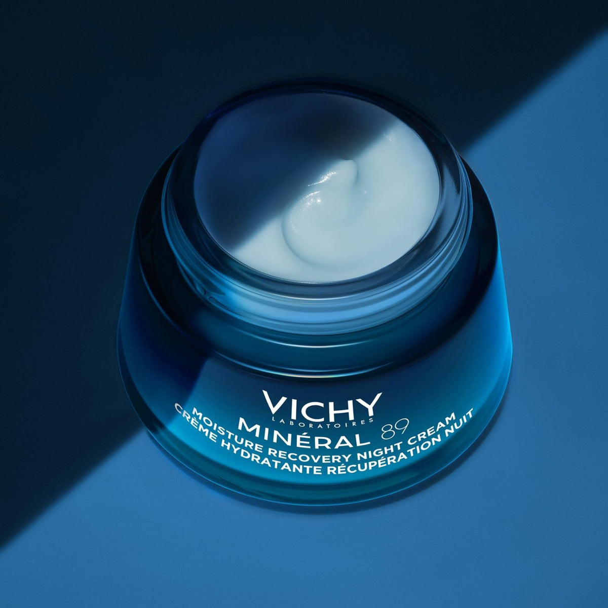 VICHY Minéral 89 on a bathroom shelf with other care products suggesting daily use
