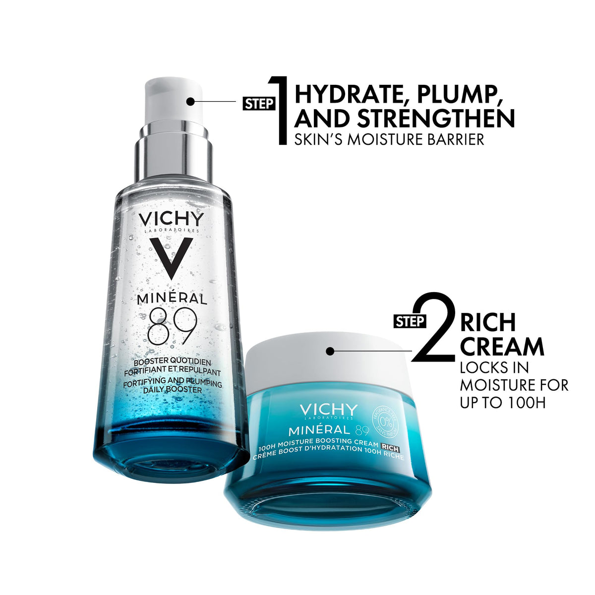 VICHY jar on bathroom shelf in lifestyle scene promoting daily routine