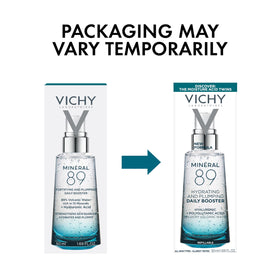 VICHY Minéral 89 size comparison bottle next to common items to show 1.7 fl oz scale