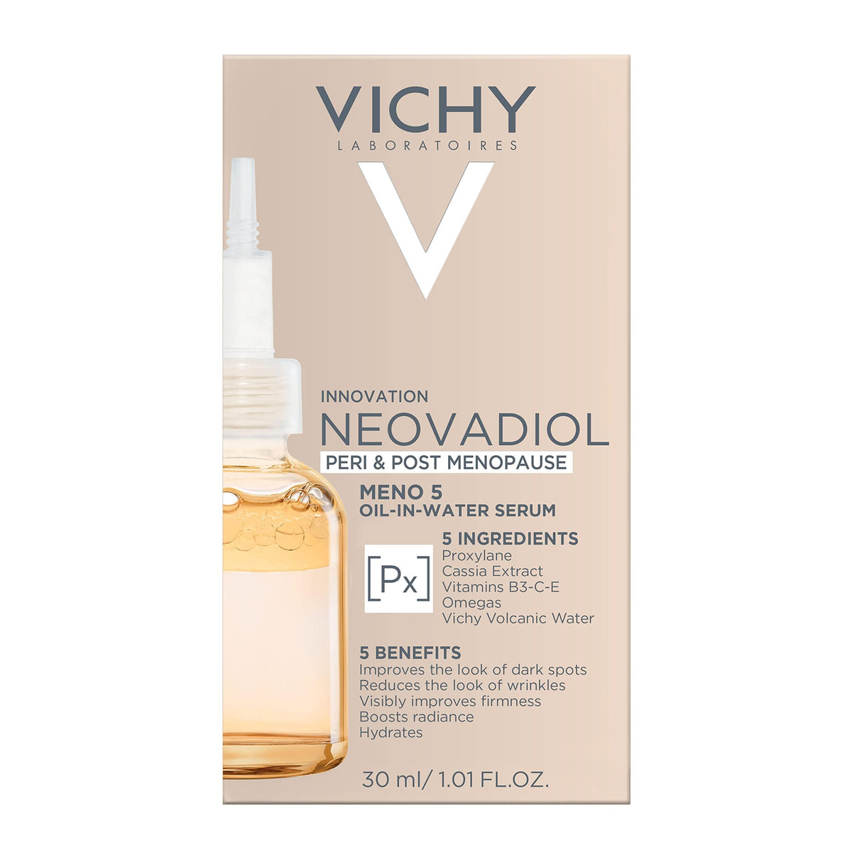 Vichy Neovadiol placed with cleanser and moisturizer in bathroom, shows routine compatibility