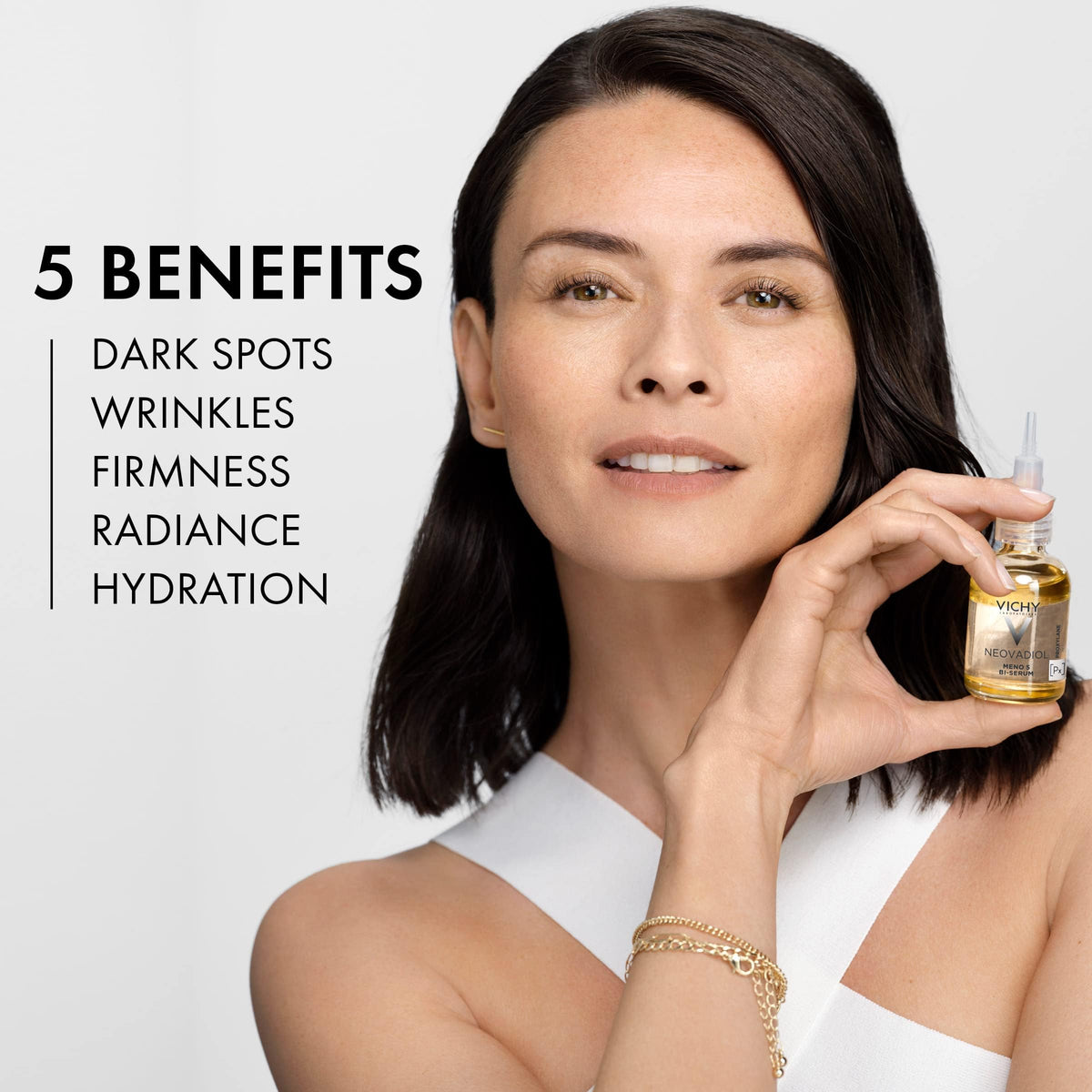 Vichy Neovadiol serum dropper and silky texture, highlights quick absorption benefit
