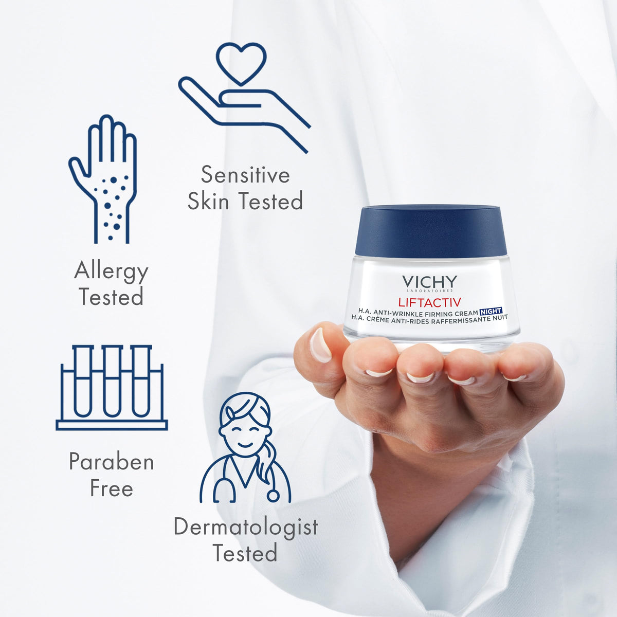 VICHY night cream being applied to hand demonstrating non-greasy, hydrating finish