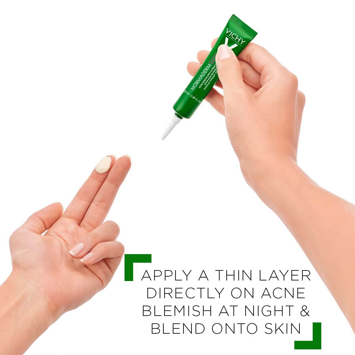 Vichy before and after spot results on skin, showing reduced blemish size