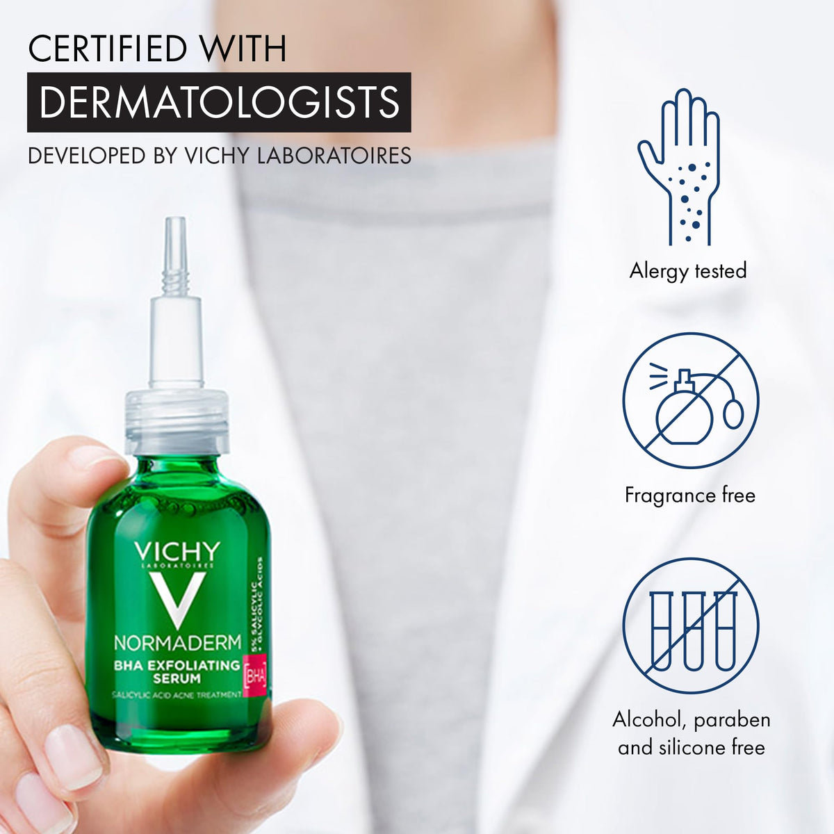 VICHY Normaderm bottle label close-up showing active acid ingredients