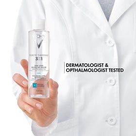 Vichy removing eye makeup demonstrating gentle, ophthalmologist-tested action
