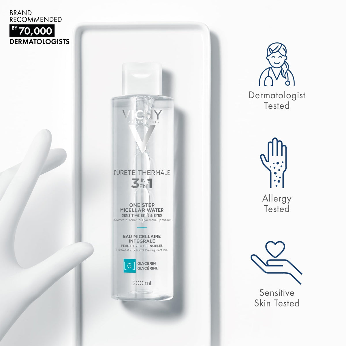 Vichy ingredient label panel highlighting panthenol and mineral water benefits