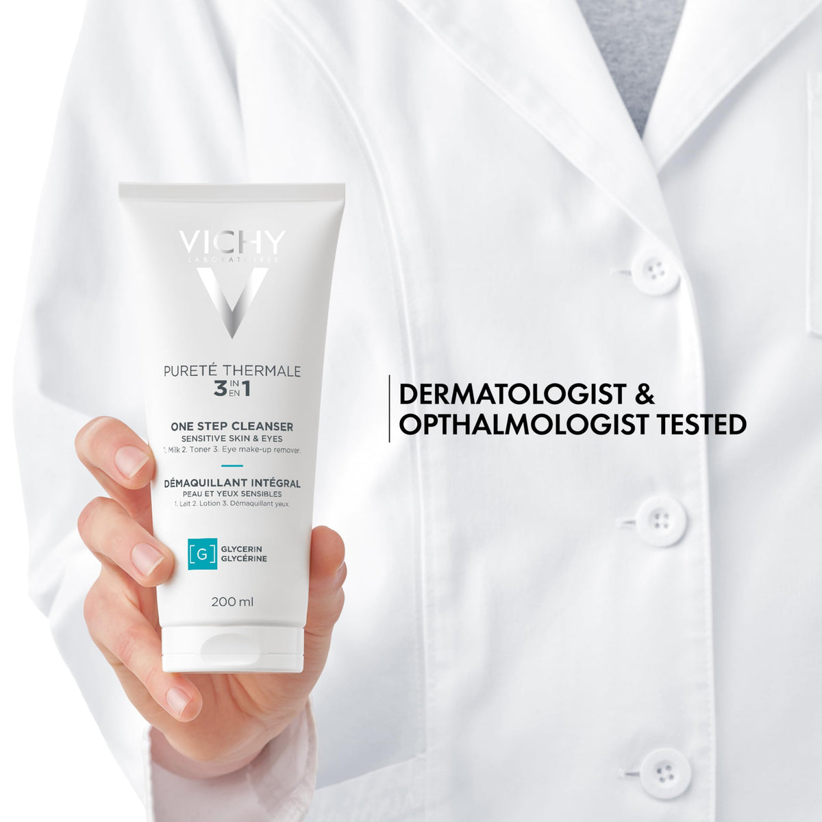 VICHY cleanser soaked on a cotton pad removing makeup with gentle action