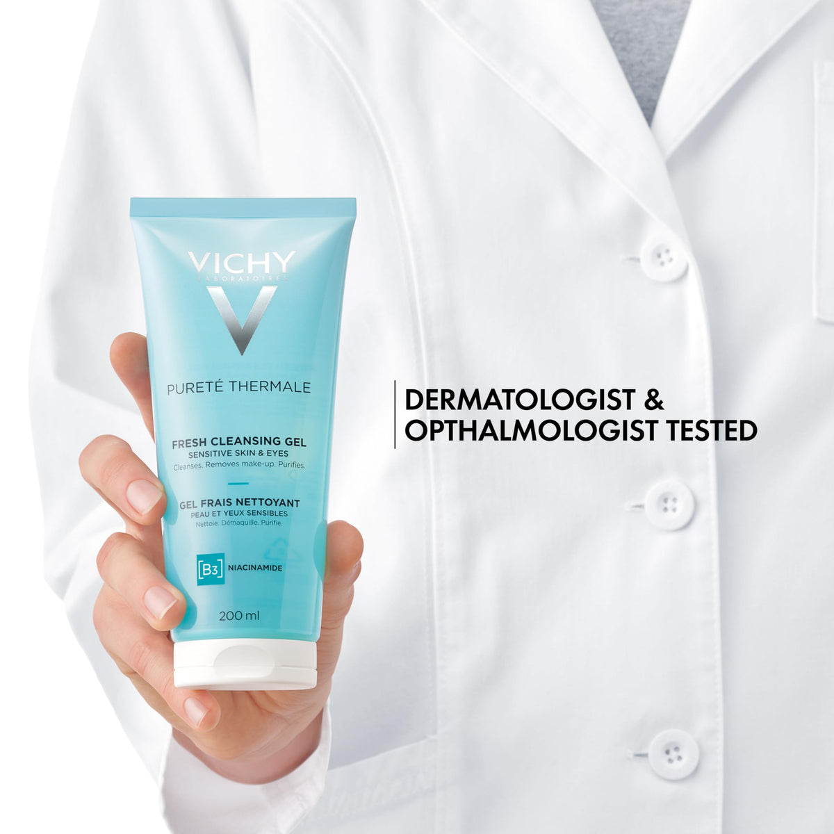 VICHY tube held in hand showing product size and travel-friendly benefit