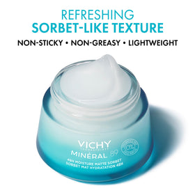 VICHY open jar texture close-up showing sorbet gel and cooling hydration benefit