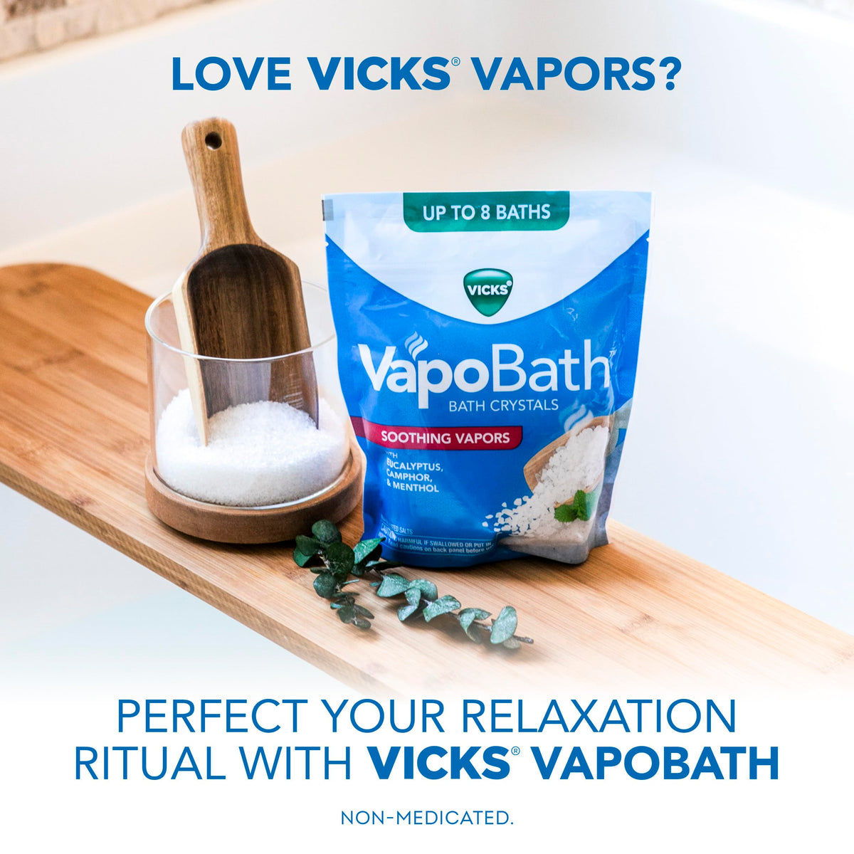 Vicks VapoBath in a calming bathtub scene illustrating relaxed aromatherapy soak