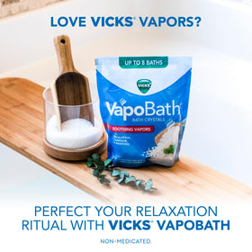 Vicks VapoBath in a calming bathtub scene illustrating relaxed aromatherapy soak