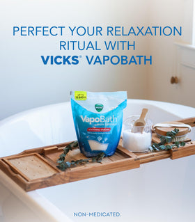 Vicks VapoBath crystal closeup showing texture and fast dissolving benefit