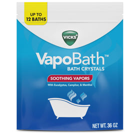 Vicks VapoBath front pouch showing calming eucalyptus scent benefits