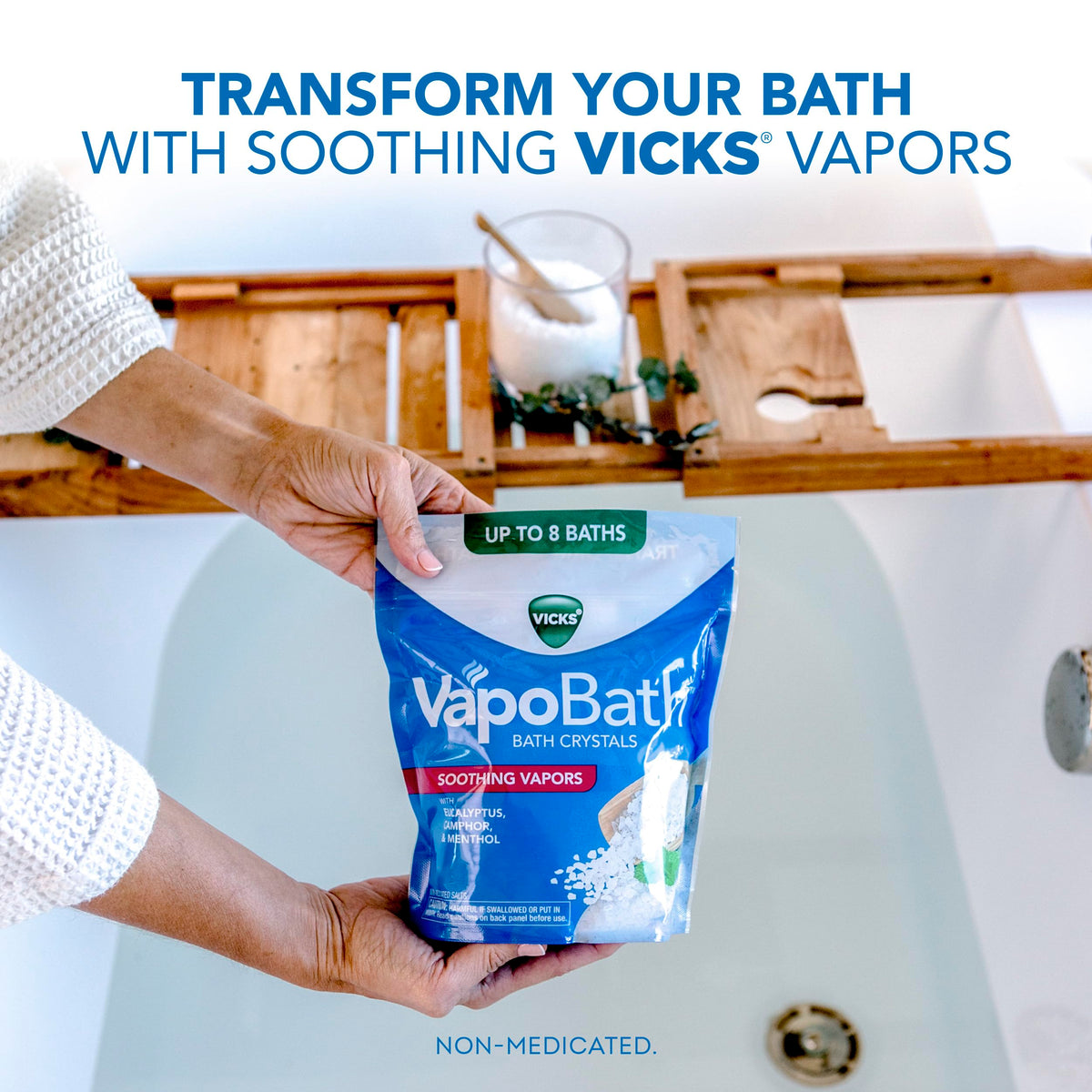 Vicks VapoBath open jar with visible crystals demonstrating fresh scent and ready use
