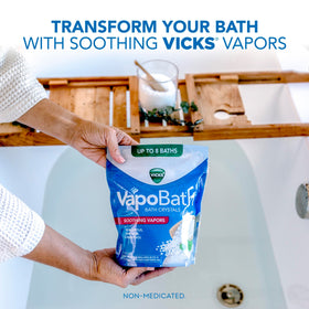 Vicks VapoBath open jar with visible crystals demonstrating fresh scent and ready use